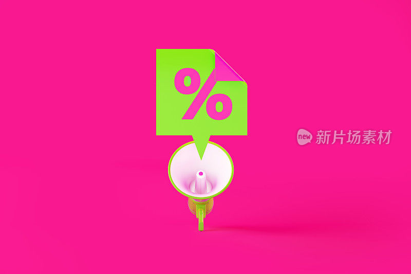 粉红色背景上的绿色扩音器和百分比符号