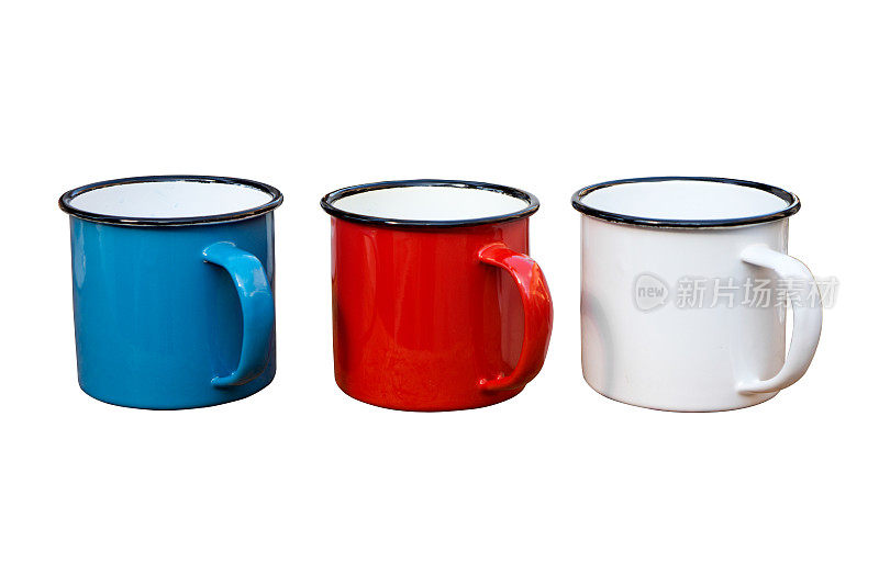 蓝色，红色和白色搪瓷杯子