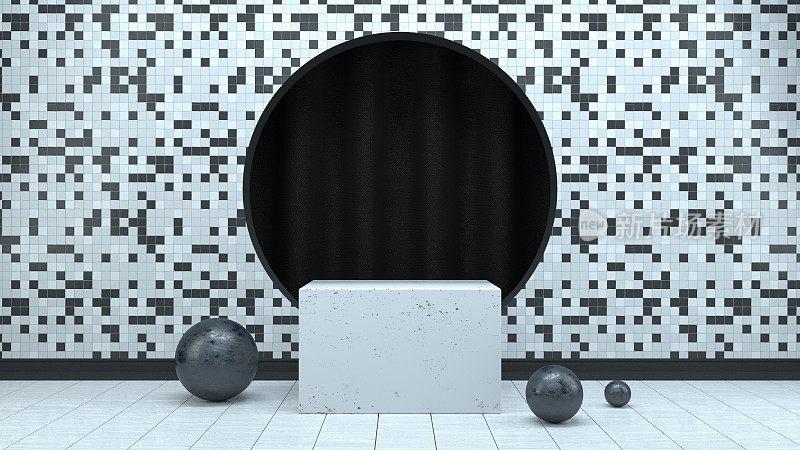 3D空产品站，平台，抽象的最小概念，黑白格子图案背景