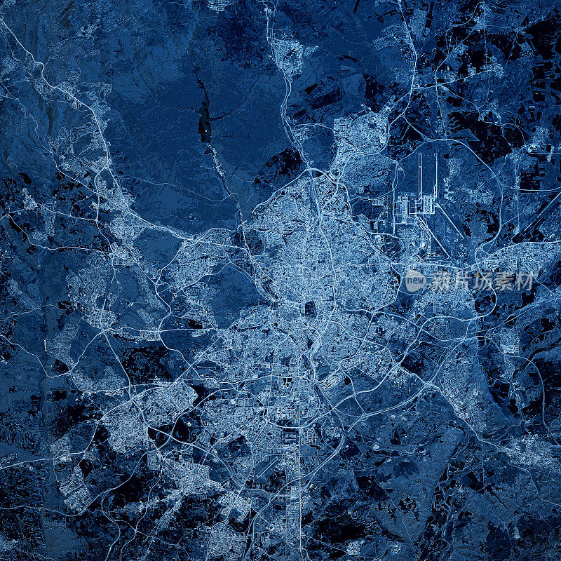 马德里西班牙3D渲染地图蓝色俯视图2019年8月