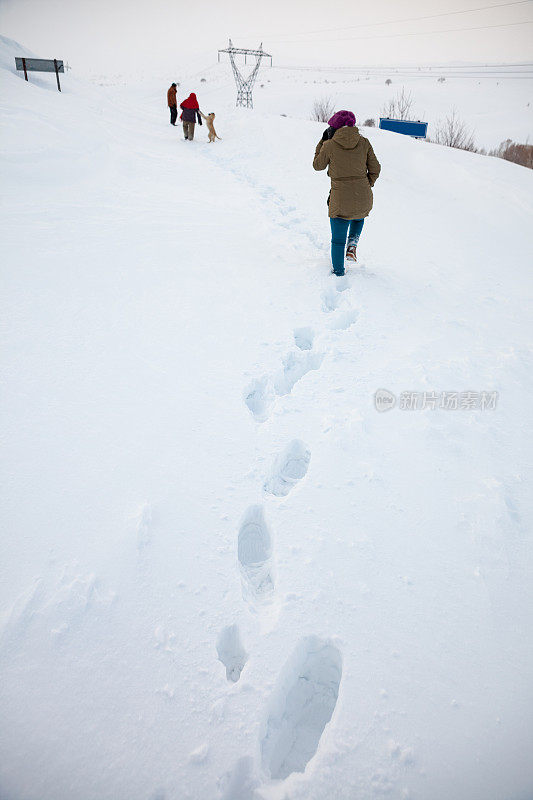 乡村里的两个女人，一条狗和一个男人在雪地上走