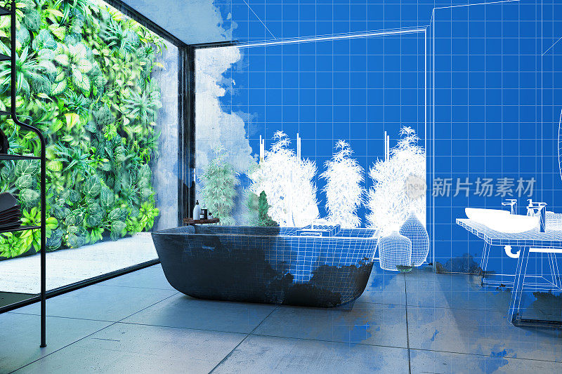 半未完成的蓝图草图浴室室内3d渲染