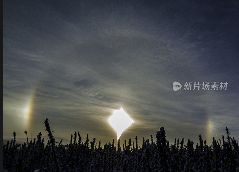 “日狗”，气象学正式名称为parhelion，是一种大气光学现象，由太阳一侧或两侧的一个亮点组成。北极圈上空，阿拉斯加怀斯曼附近。