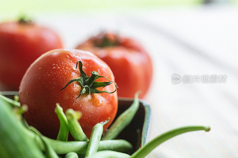 新鲜采摘的菜园蔬菜的特写，将被用来做沙拉。