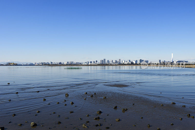 从东京湾地区在东京城市天际线对晴朗的天空