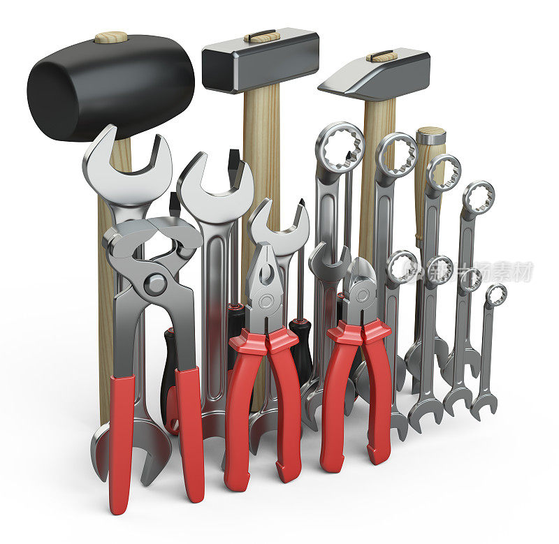 一套你的锁匠工具-斧头，凿子，凿子，钳子，锤子，锤子，螺丝刀，扳手，锯子和钢丝钳。