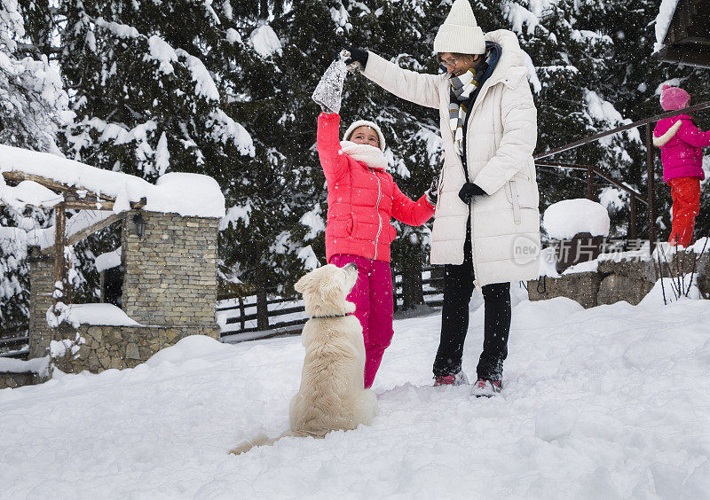 小女孩们，一个老妇人和一条狗在雪地里玩耍