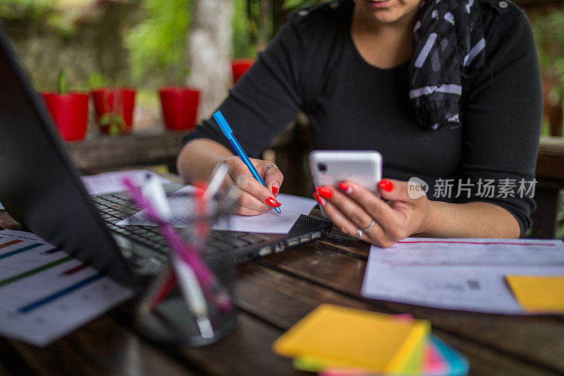 女人在家里使用电话并做笔记