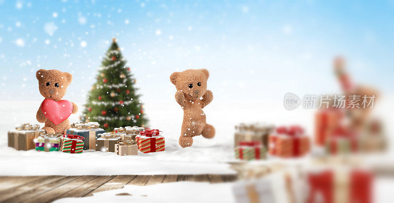略微模糊的设计与泰迪熊和圣诞冷杉树和礼物。雪花圣诞礼物和绿色装饰树三维插图