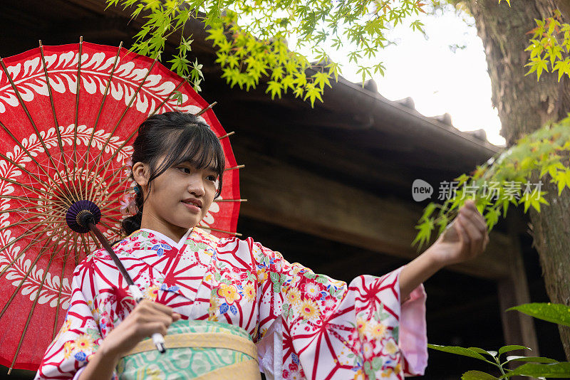 十几岁的女孩穿着和服，拿着纸伞参观传统的日本花园