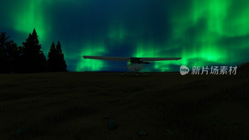 3D，草地上的小飞机，背景是北极光天空