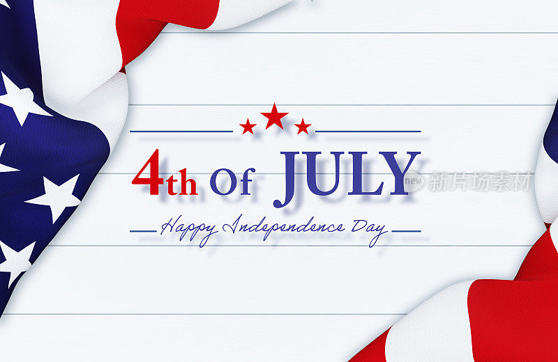 7月4日概念-快乐的7月4日消息坐在白木背景背后起伏的美国国旗