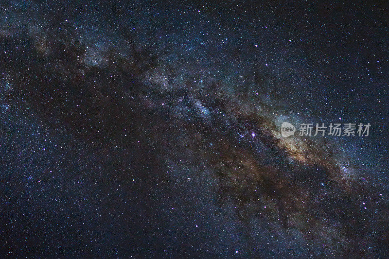 繁星点点的夜空，布满星星的银河系和宇宙中的太空尘埃，长曝光照片，带有纹路。