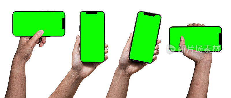 商人手持绿色屏幕智能手机，现代移动智能手机的形状，设计有薄的边缘。绿色屏幕背景-剪切路径。
