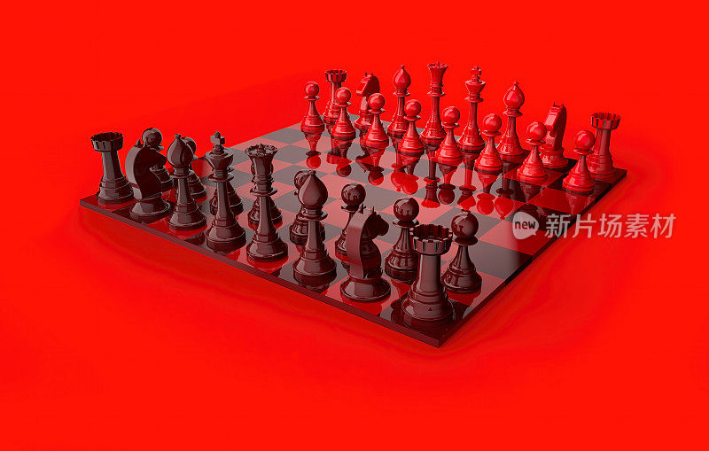 红色棋局为竞争和策略，孤立于红色背景之上。
