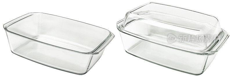 两个长方形玻璃砂锅，一个有盖子，白色背景