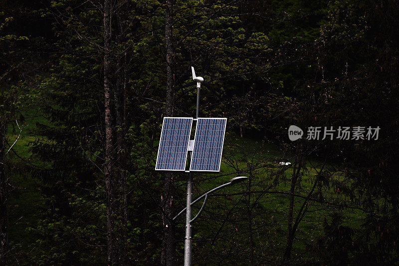 户外森林中的小型太阳能电池板。绿色能源概念摄影，电站太阳能电池。