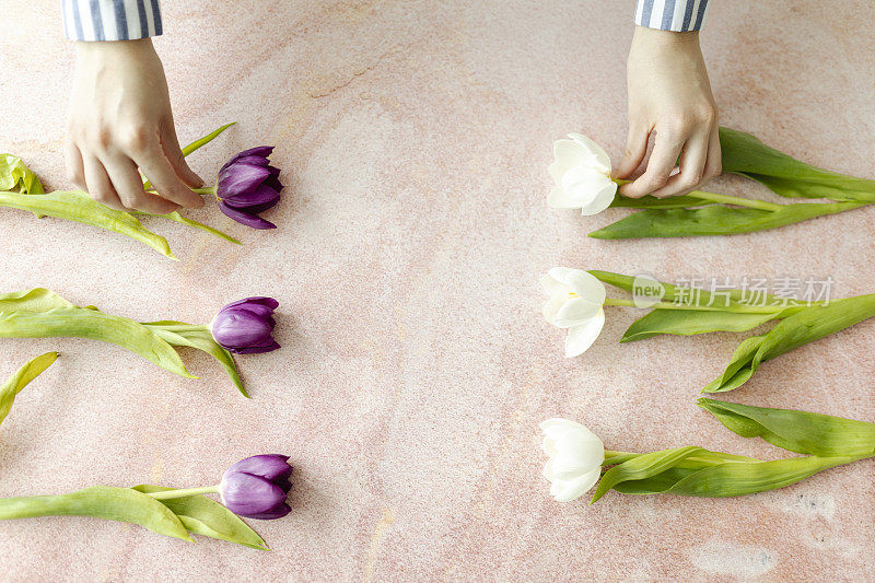 人手制作郁金香花束的照片