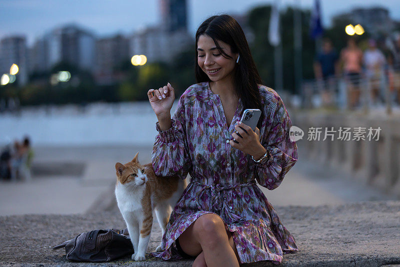 年轻女子一边玩姜黄色流浪猫，一边发短信。