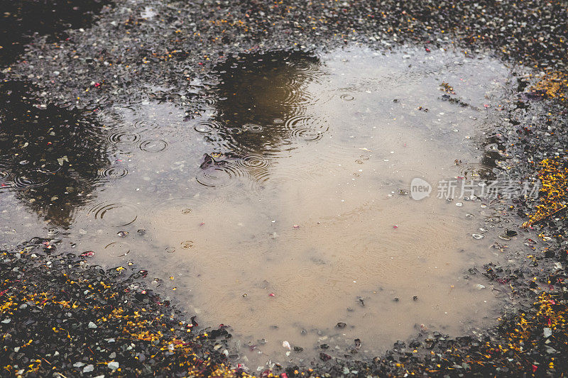 泥泞的水坑与雨滴落下和涟漪-雨天