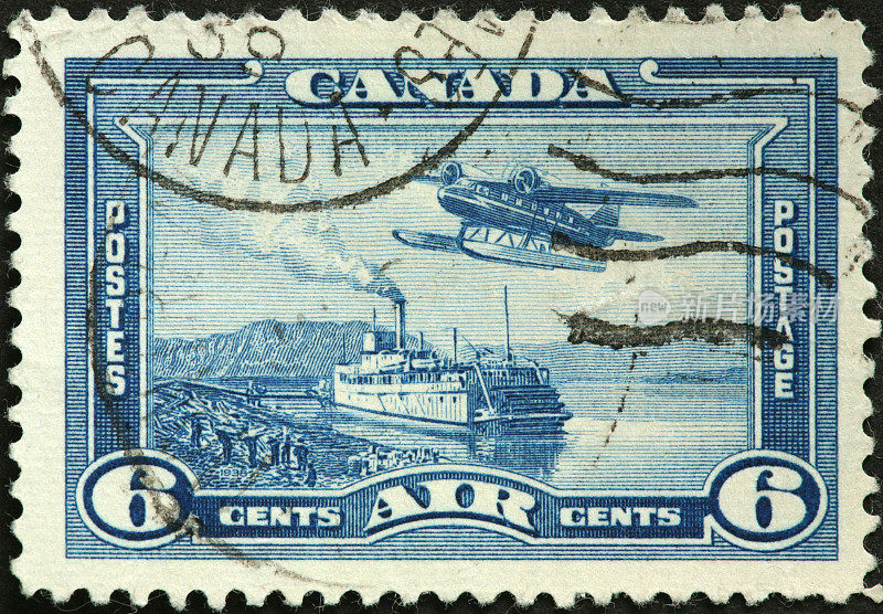 水上飞机和内河船在一枚古老的加拿大邮票上