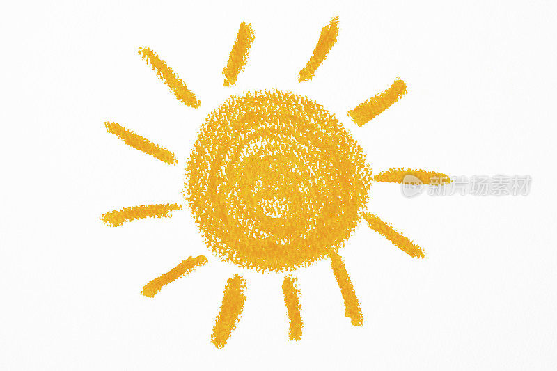 孤立的镜头蜡笔绘制的太阳在白色的背景