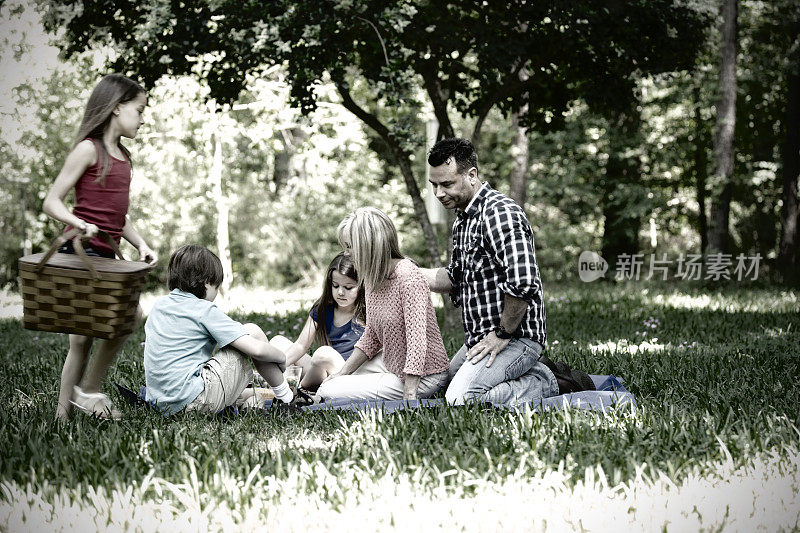 夏天一家人喜欢在户外野餐。公园或院子里。