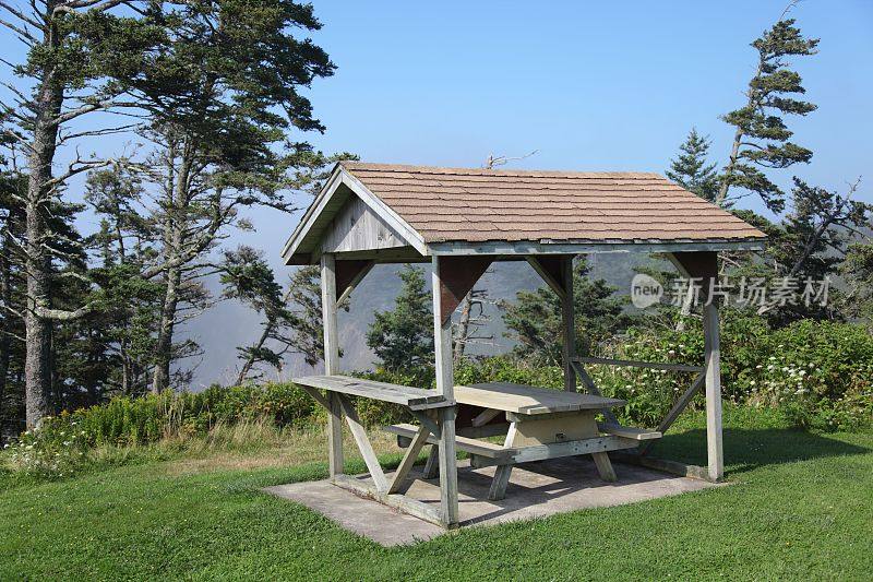 野餐公园里木制遮蔽物下的野餐桌