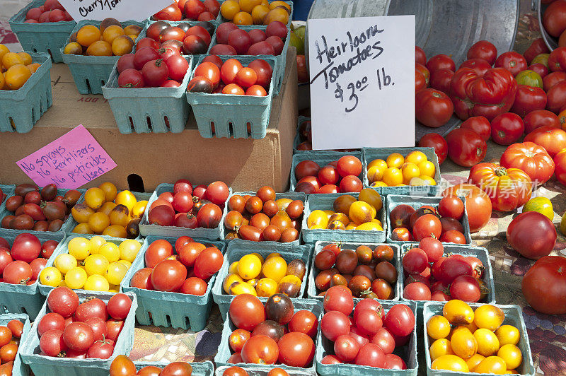 农贸市场上的传家宝番茄，上面有价格标志