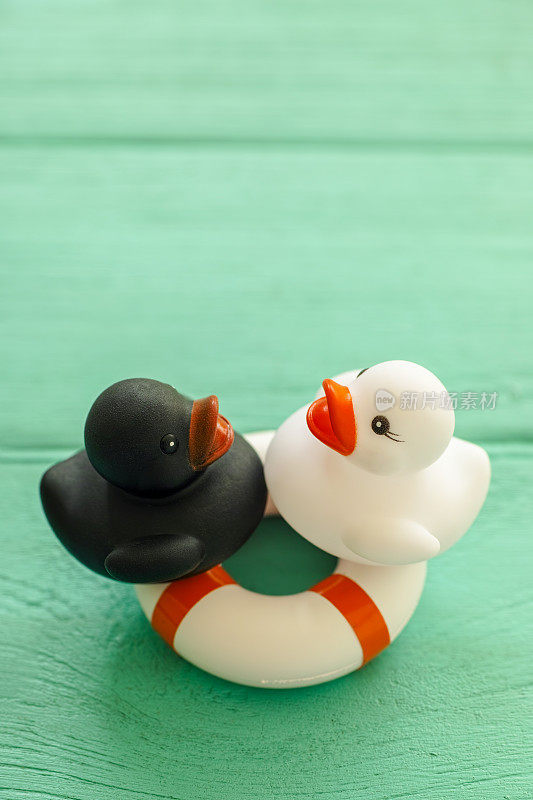 黑色和白色的橡皮鸭在橡胶救生圈上打斗。