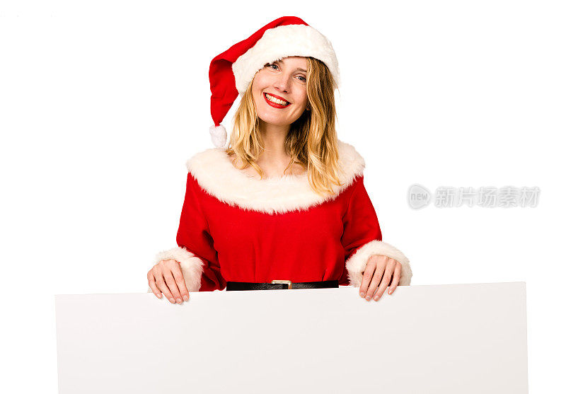 穿着圣诞老人服装的女人拿着一块白板