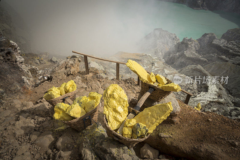 印度尼西亚卡瓦伊真火山中含有黄硫的篮子