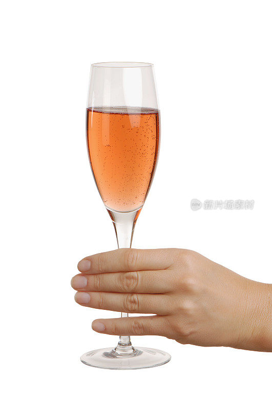 女人拿着玫瑰香槟长笛玻璃隔离在白色背景