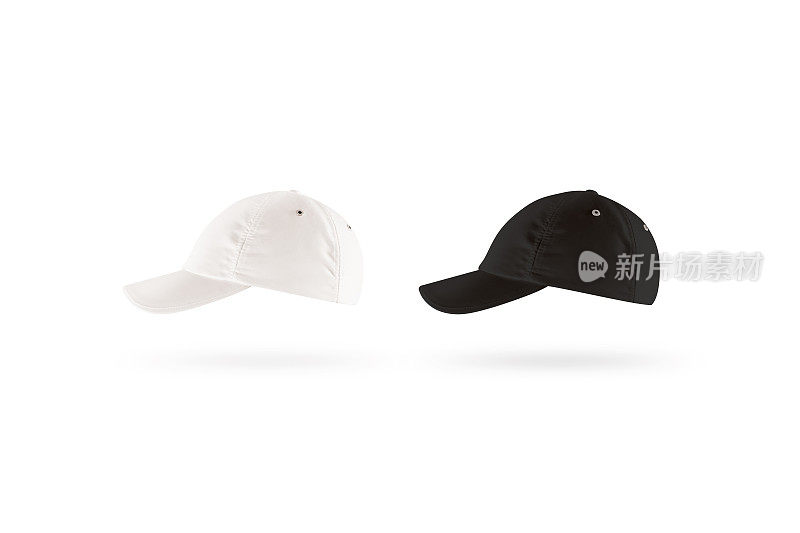 空白黑白棒球帽模型集，侧面视图
