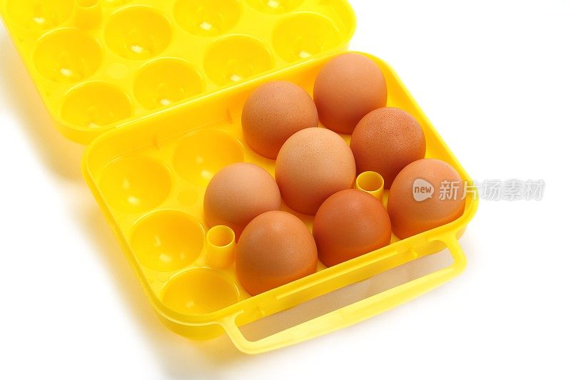 在白色背景下，把鸡蛋放在蛋架里