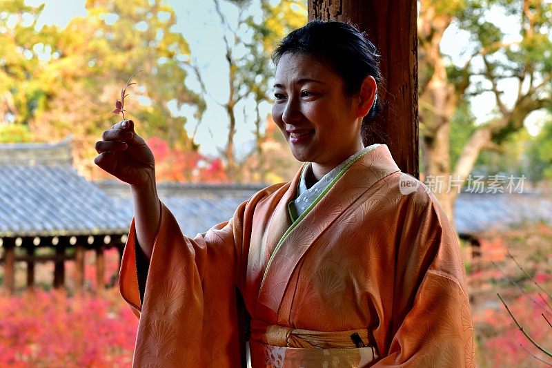 京都Tofuku-ji，穿着和服和秋叶的日本女人