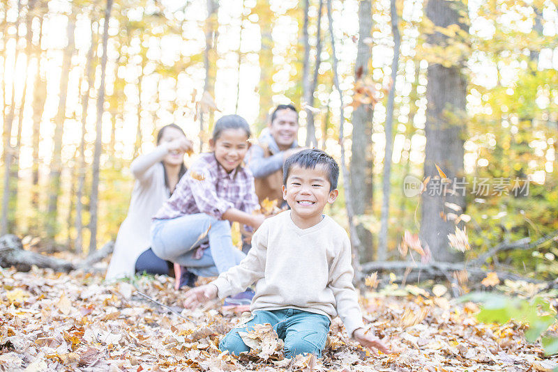 一个微笑的家庭坐在树叶中，而小男孩则直视前方