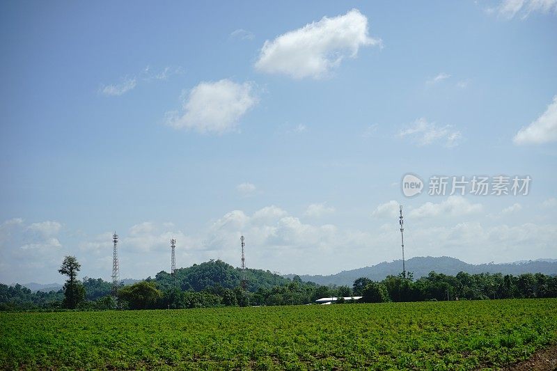 树覆盖的山与天线蜂窝塔