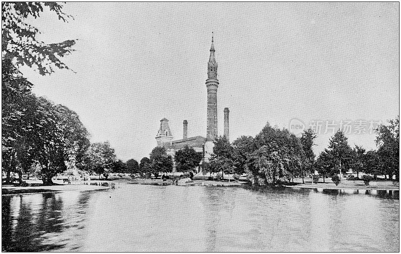 密歇根州底特律的老式黑白照片:自来水厂公园