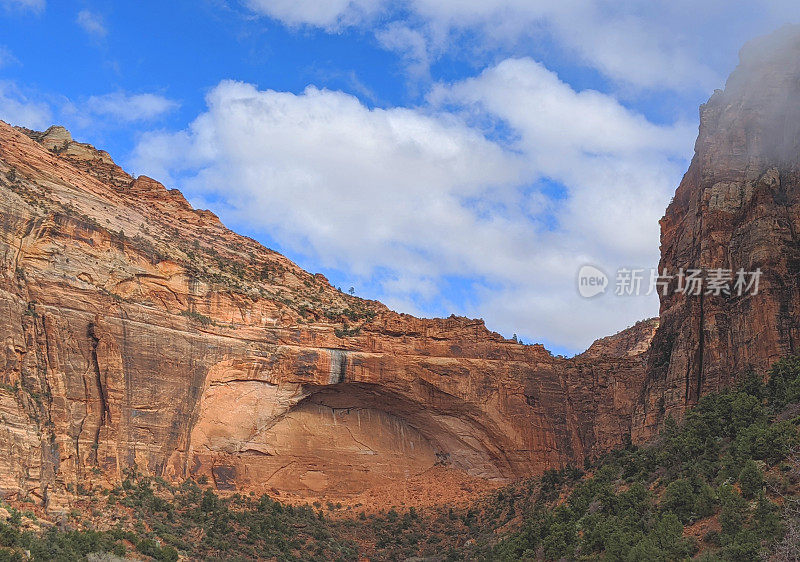 凹室和拱形纳瓦霍砂岩悬崖在锡安国家公园犹他州附近的高原和峡谷俯瞰