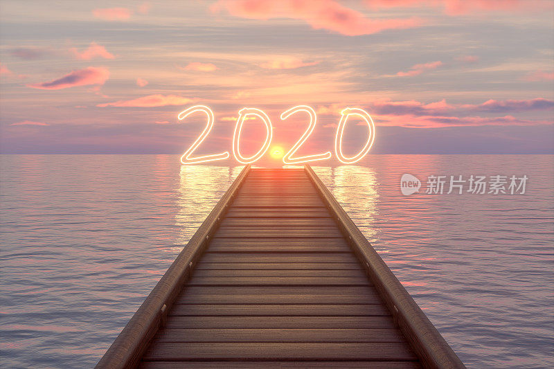 2020年新年，海上木桥码头，日落