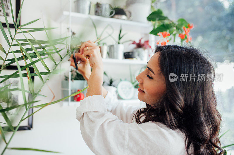 年轻女子在照料她的植物