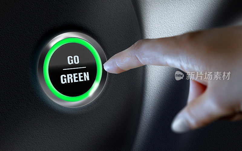 去绿色标题汽车启动按钮在仪表板上