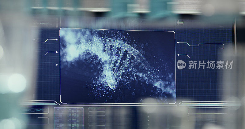未来的实验室设备。屏幕上的DNA螺旋模型