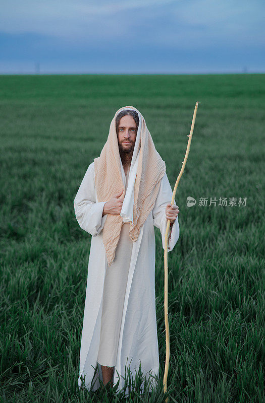 耶稣基督拄着木棍在草地上行走。