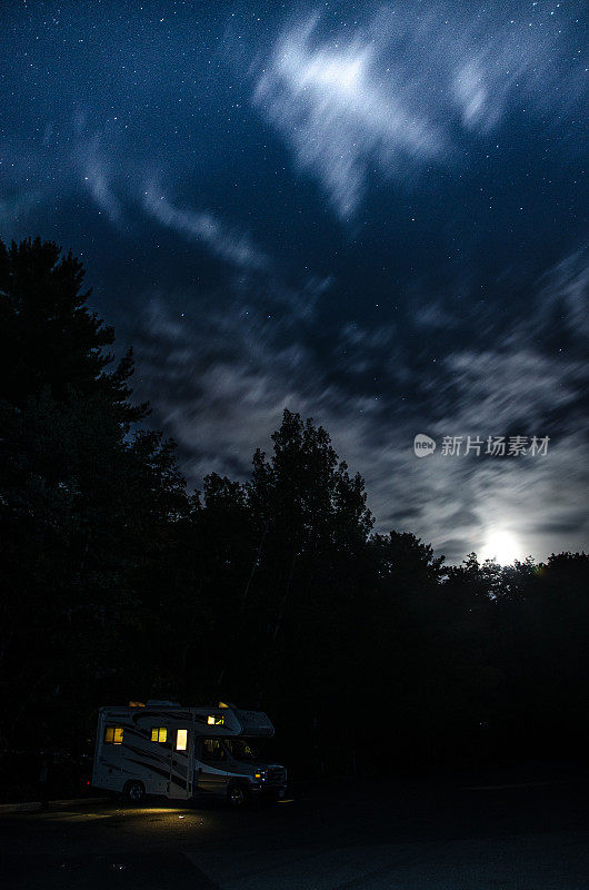 在繁星点点的夏夜，停在停车场的房车