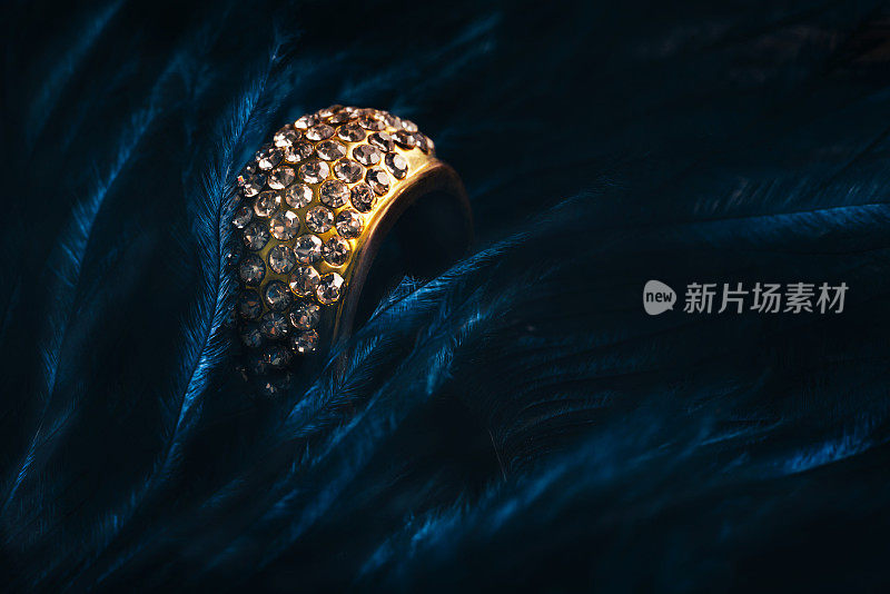 在深蓝色羽毛背景的豪华结婚戒指的特写。新娘的黄金首饰礼物，珍贵的宝石。
