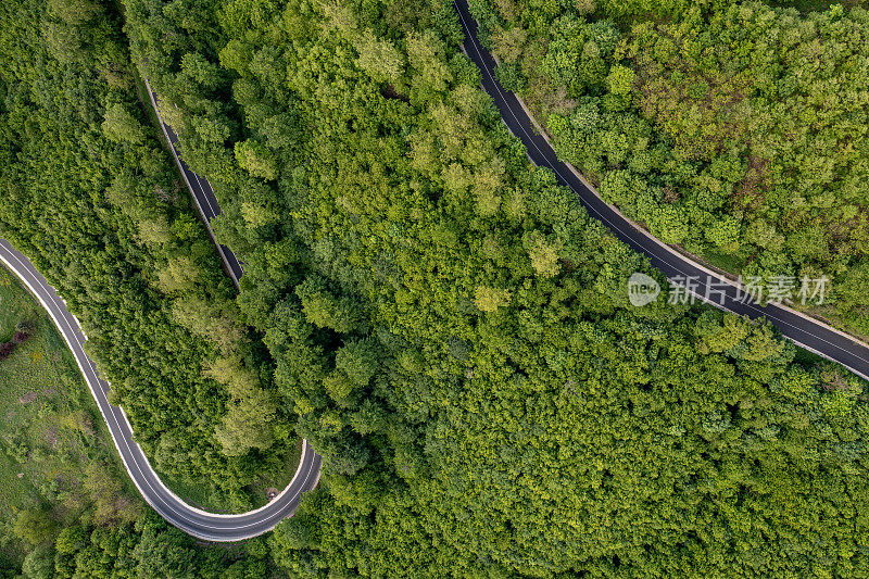 用无人机俯视蜿蜒弯曲的道路