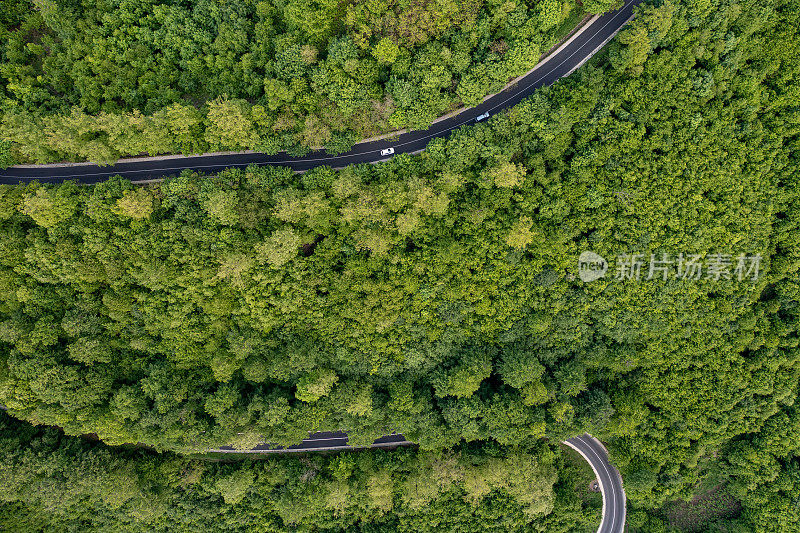 用无人机俯视蜿蜒弯曲的道路