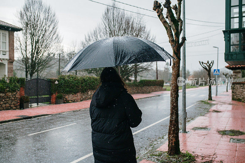 在下雨天带伞的女人的后视图